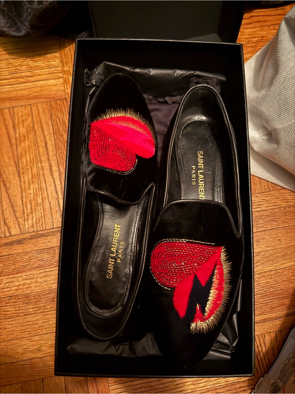 Saint Laurent Black Velvet Loafers with Red Embroidered Heart Motif